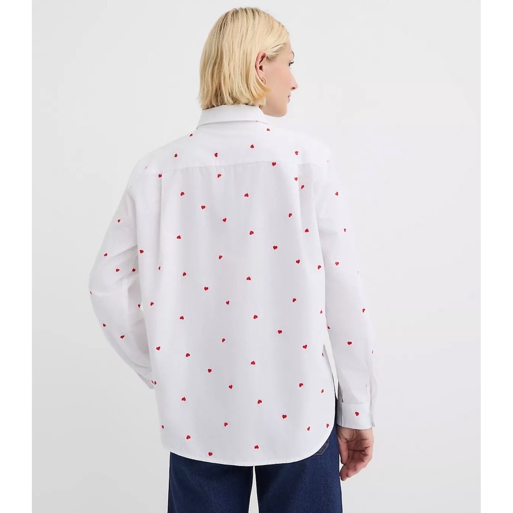 LOFT Womens White Dobby Heart Embroidered Button Down Shirt Size M Red Hearts - Picture 2 of 12